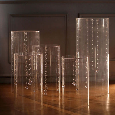 Set of 5 Clear Acrylic Cylinder Pedestal Stands With Hanging Hooks, Wedding Pillar Plinth Column Cake Dessert Table Display