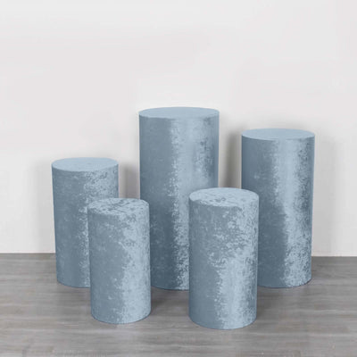 Set of 5 Dusty Blue Crushed Velvet Cylinder Pillar Prop Covers, Premium Pedestal Stand Covers