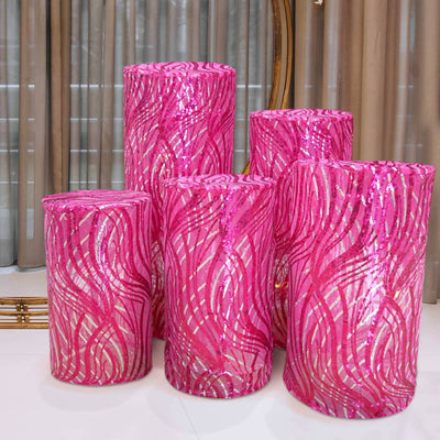 Set of 5 Fuchsia Wave Mesh Cylinder Pillar Prop Covers with Embroidered Sequins, Premium Pedestal Stand Covers - 160 GSM