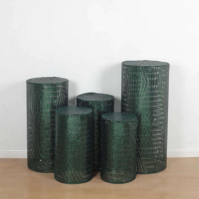 Set of 5 Hunter Emerald Green Sequin Mesh Cylinder Pillar Prop Covers with Geometric Pattern Embroidery, Sparkly Sheer Tulle Pedestal Stand Covers