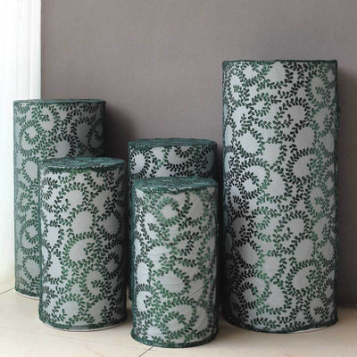 Set of 5 Hunter Emerald Green Sequin Mesh Cylinder Pillar Prop Covers with Leaf Vine Embroidery, Sparkly Sheer Tulle Pedestal Stand Covers