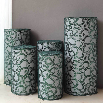 Set of 5 Hunter Emerald Green Sequin Mesh Cylinder Pillar Prop Covers with Leaf Vine Embroidery, Sparkly Sheer Tulle Pedestal Stand Covers