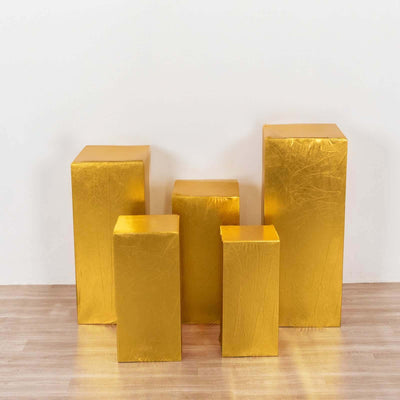 Set of 5 Metallic Gold Spandex Rectangle Pillar Prop Covers, Stretchable Pedestal Stand Covers - 160 GSM
