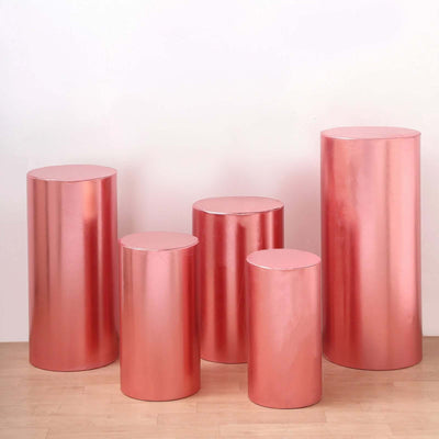 Set of 5 Metallic Rose Gold Spandex Cylinder Pillar Prop Covers, Shiny Stretchable Pedestal Stand Covers - 130 GSM