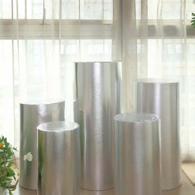 Set of 5 Metallic Silver Spandex Cylinder Pillar Prop Covers, Shiny Stretchable Pedestal Stand Covers - 130 GSM