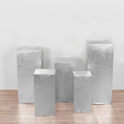 Set of 5 Metallic Silver Spandex Rectangle Pillar Prop Covers, Stretchable Pedestal Stand Covers - 160 GSM