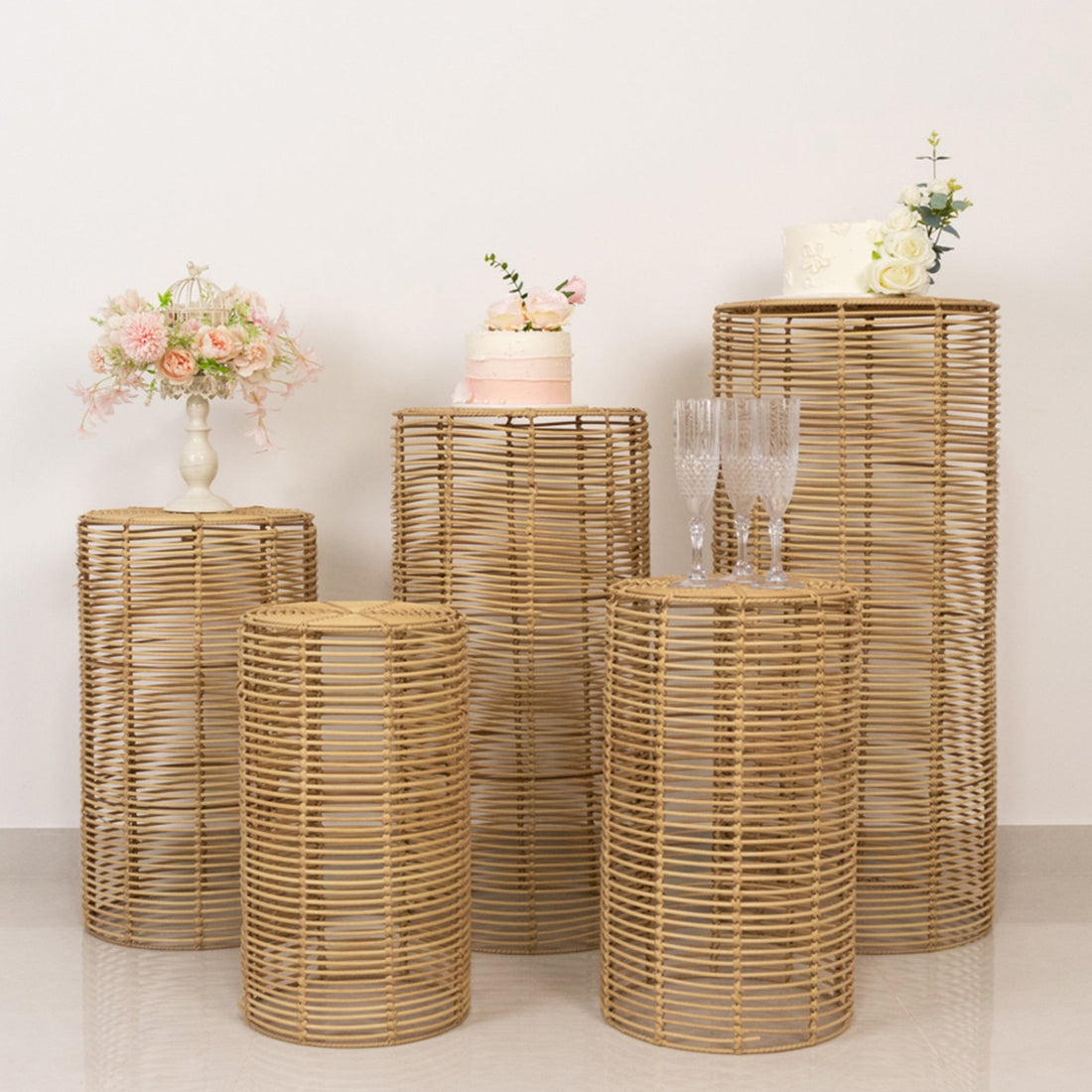woven basket plant stand Set Of 5 Natural Woven Rattan Wicker Pedestal Stands, Boho Chic Side Table Cylinder Cake Dessert Plan