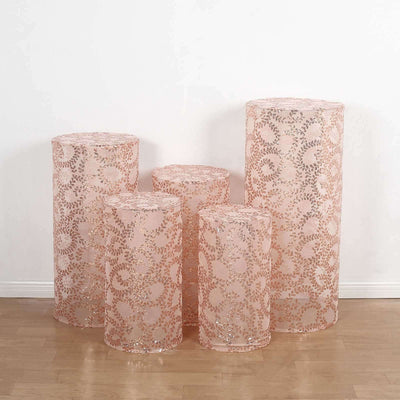 Set of 5 Rose Gold Sequin Mesh Cylinder Pillar Prop Covers with Leaf Vine Embroidery, Sparkly Sheer Tulle Pedestal Stand Covers