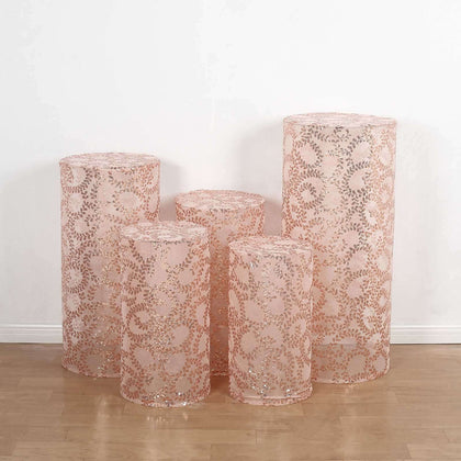 Set of 5 Rose Gold Sequin Mesh Cylinder Pillar Prop Covers with Leaf Vine Embroidery, Sparkly Sheer Tulle Pedestal Stand Covers