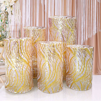 Set of 5 Rose Gold Wave Mesh Cylinder Pillar Prop Covers with Embroidered Sequins, Premium Pedestal Stand Covers - 160 GSM