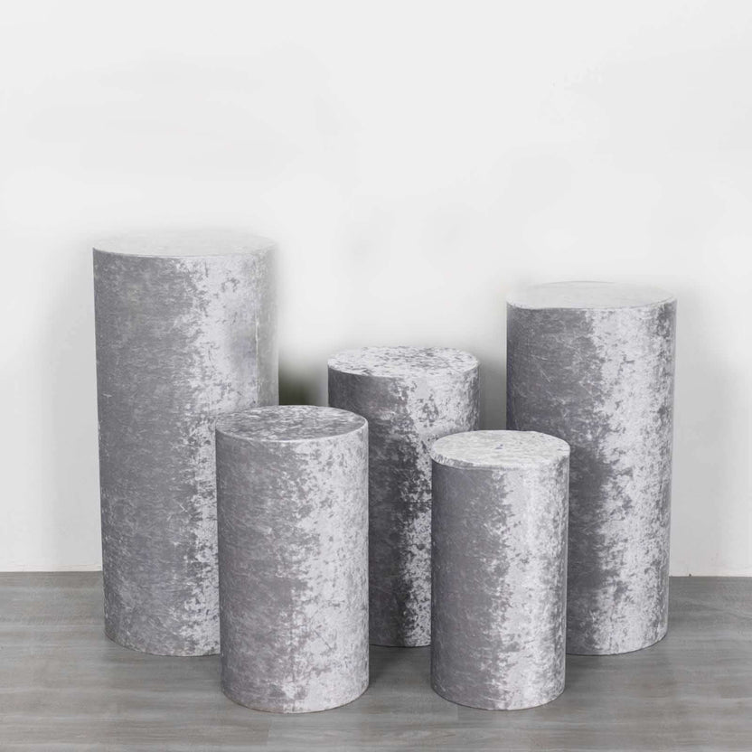 5 Silver Crushed Velvet Cylinder Pillar Prop Covers | eFavormart