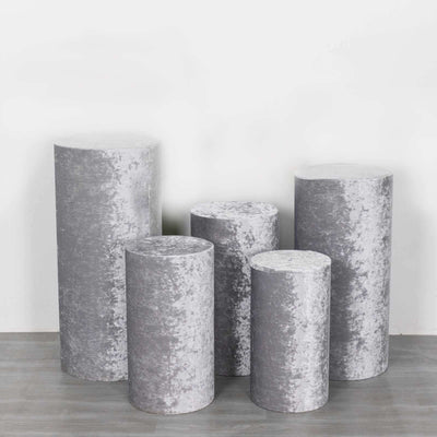 Set of 5 Silver Crushed Velvet Cylinder Pillar Prop Covers, Premium Pedestal Stand Covers