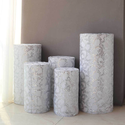 Set of 5 Silver Sequin Mesh Cylinder Pillar Prop Covers with Leaf Vine Embroidery, Sparkly Sheer Tulle Pedestal Stand Covers