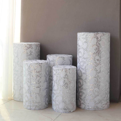 Set of 5 Silver Sequin Mesh Cylinder Pillar Prop Covers with Leaf Vine Embroidery, Sparkly Sheer Tulle Pedestal Stand Covers