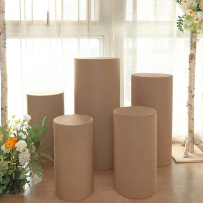 Set of 5 Taupe Spandex Cylinder Pillar Prop Covers, Stretchable Pedestal Stand Covers - 160 GSM