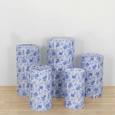 Set of 5 White Blue Spandex Cylinder Pillar Prop Covers in French Toile Floral Pattern, Stretchable Pedestal Stand Covers - 160 GSM