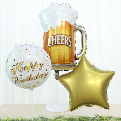 Set of 5 White/Gold Round Happy Birthday Mylar Foil Helium Balloon Set, Cheers Beer Mug, Star Balloon Bouquet With Ribbon Birthday Party Decorations