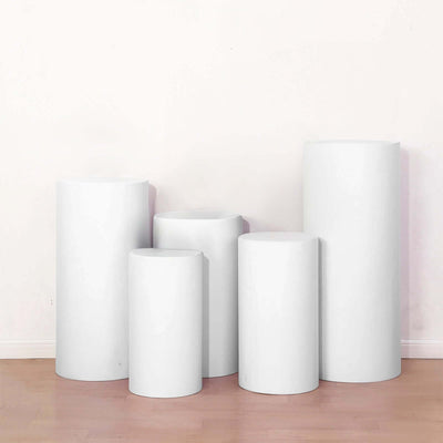 Set of 5 White Spandex Cylinder Pillar Prop Covers, Stretchable Pedestal Stand Covers - 160 GSM