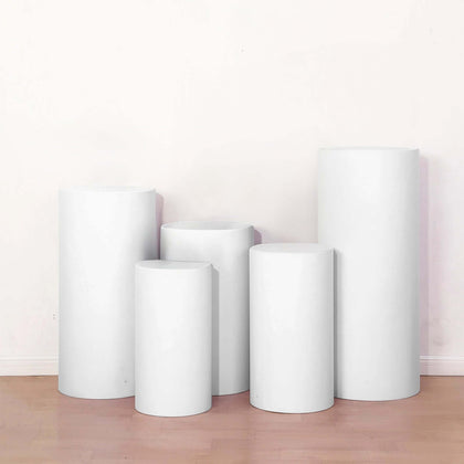 Set of 5 White Spandex Cylinder Pillar Prop Covers, Stretchable Pedestal Stand Covers - 160 GSM