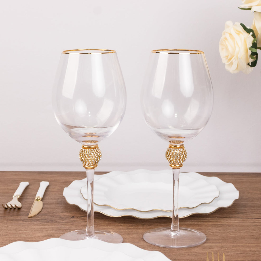 Set of 6 Clear Wine Goblet Glasses 16oz Gold Rimmed Design with Rhinestone  Studded Stem 10