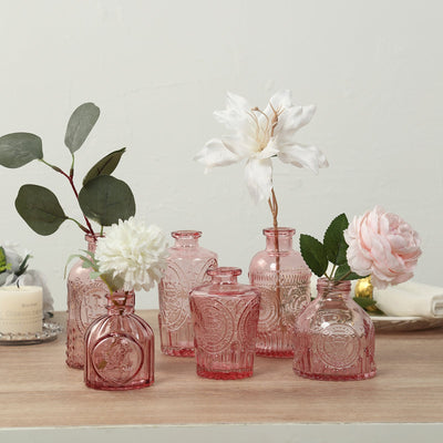 Set of 6 Glass Bud Vases Vintage Embossed Dusty Rose - Apothecary Style Reed Diffuser Centerpieces