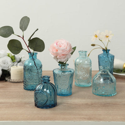 Set of 6 Glass Bud Vases Vintage Embossed Mixed Blue - Apothecary Style Reed Diffuser Centerpieces