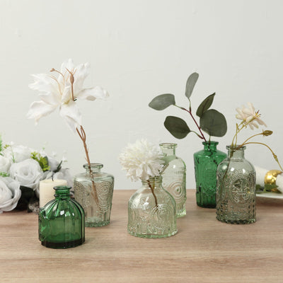 Set of 6 Glass Bud Vases Vintage Embossed Mixed Green - Apothecary Style Reed Diffuser Centerpieces