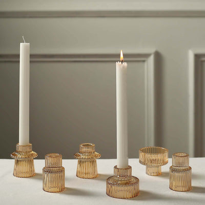 Set of 6 Glass Taper Candle Holders 3" Ribbed Crystal Design Amber Gold - Reversible Mini Votive Tealight Stands