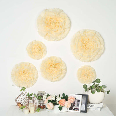 Set of 6 Ivory / Cream Giant Carnation 3D Paper Flowers Wall Decor 12",16",20"