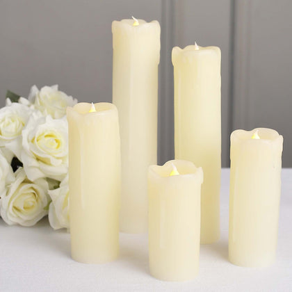Set of 6 LED Drip Wax Pillar Candles Ivory- Flameless Flicker Battery Operated Luminaria Lighting
