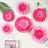Pink paper flower decorations in various sizes arranged on a white background.