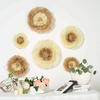 Set of 6 Taupe / Natural Giant Carnation 3D Paper Flowers Wall Decor 12",16",20"