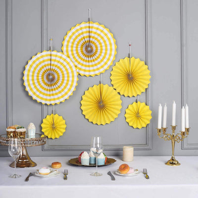 Set of 6 Yellow Hanging Paper Fan Decorations, Pinwheel Wall Backdrop Party Kit 8", 12", 16"