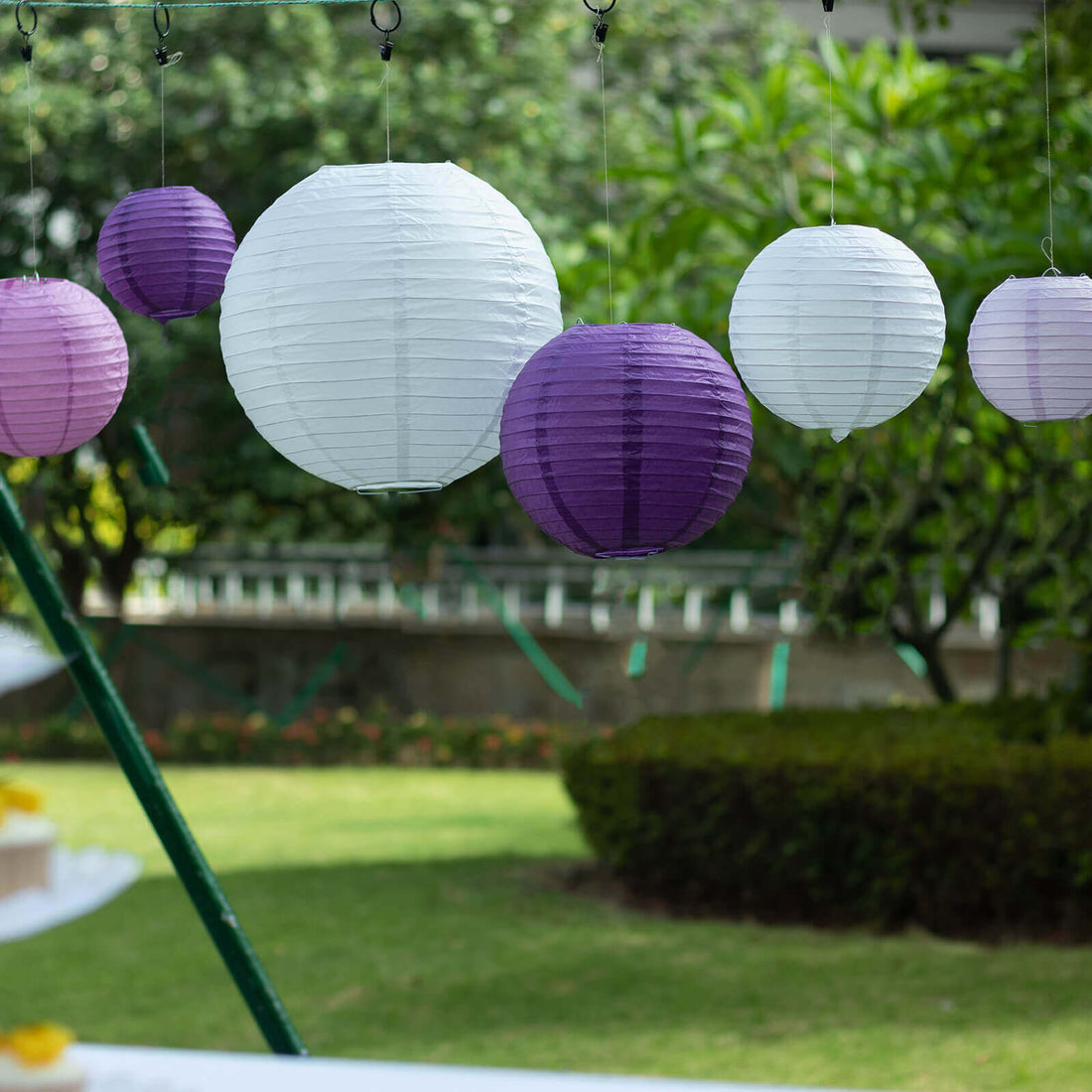 Colorful paper lanterns hanging in a garden setting.