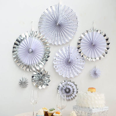 Set of 8 Silver / White Hanging Paper Fan Decorations, Pinwheel Wall Backdrop Party Kit 4", 8", 12", 16"