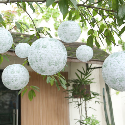 Set of 8 White Sage Green Hanging Paper Lanterns in French Toile Floral Pattern, Chinese Festival Lanterns - 6",8",10",14"