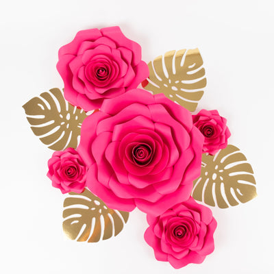 Set of 9 Fuchsia 3D Rose Paper Flowers with Gold Monstera Leaves, Nursery Flower Backdrop Hanging Wall Decor