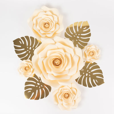Set of 9 Ivory 3D Rose Paper Flowers with Gold Monstera Leaves, Nursery Flower Backdrop Hanging Wall Decor