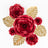 Red paper roses with gold monstera leaves on a white background.