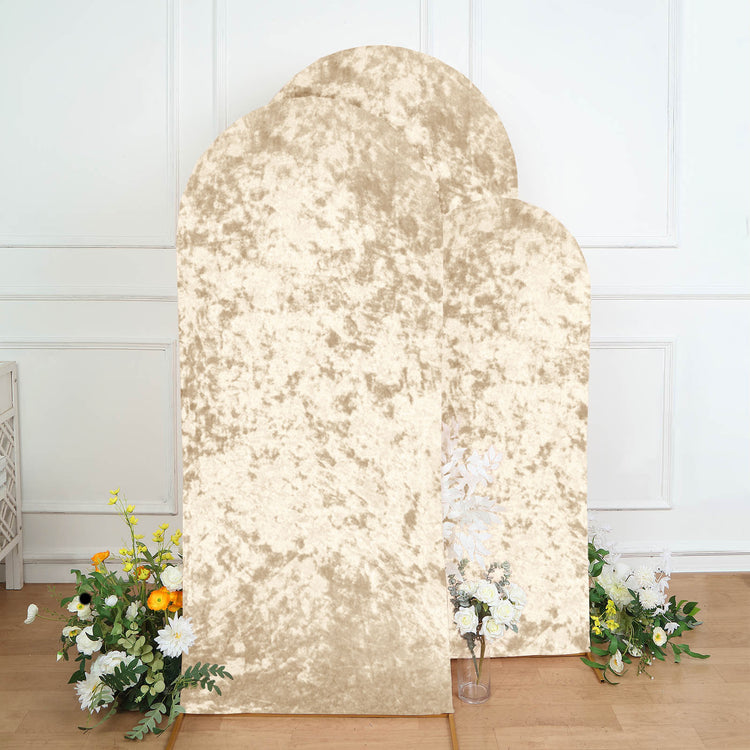 Set of 3 Champagne Crushed Velvet Chiara Wedding Arch Covers For Round Top Backdrop Stands