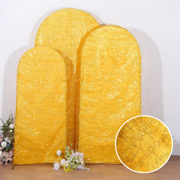 Set of 3 Gold Metallic Fringe Chiara Backdrop Stand Covers, Fitted Covers For Round Top Wedding Arches - 5ft, 6ft, 7ft