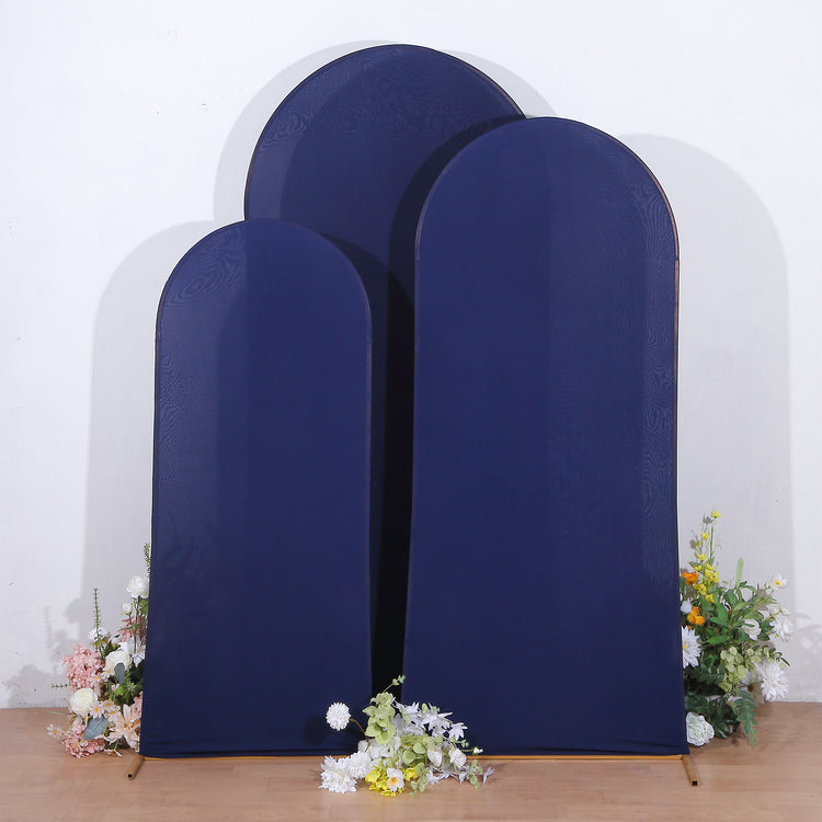 Set of 3 Matte Navy Blue Spandex Fitted Wedding Arch Covers For Round Top Chiara Backdrop