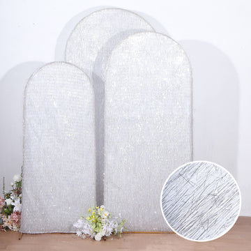 Set of 3 Silver Metallic Fringe Chiara Backdrop Stand Covers, Fitted Covers For Round Top Wedding Arches 5ft, 6ft, 7ft