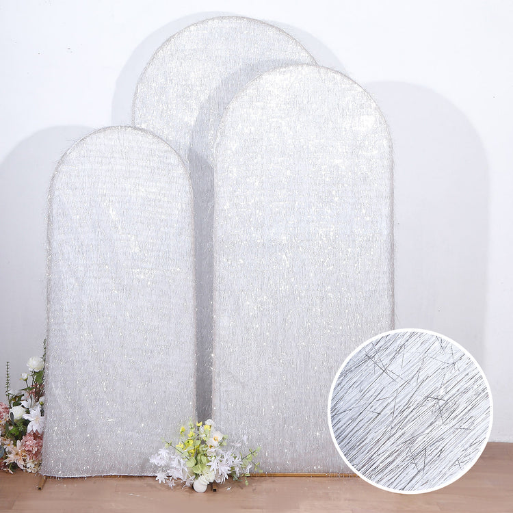 Set of 3 Silver Metallic Fringe Chiara Backdrop Stand Covers With Tinsel Shag