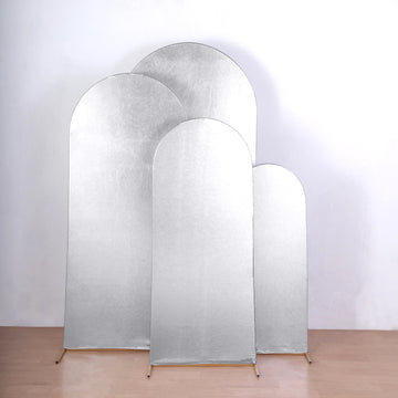 Set of 4 Silver Spandex Chiara Backdrop Stand Covers With Metallic Finish, Fitted Covers For Round Top Wedding Arches - 4ft, 5ft, 6ft, 7ft