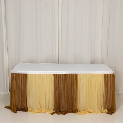 Sheer Chiffon Table Skirt 14ft Champagne and Gold – Pleated Ruffle Skirting with Polyester Backing, Shimmer Sheer, Wrinkle-Free Fabric