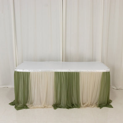 Sheer Chiffon Table Skirt 14ft Dusty Sage Green and Beige – Pleated Ruffle Skirting with Polyester Backing, Shimmer Sheer, Wrinkle-Free Fabric