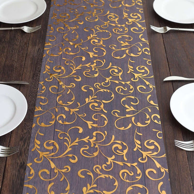 Sheer Organza Table Runner Roll 12"x108" Metallic Gold Foil Embossed Floral Design - Stylish Disposable Event Decoration