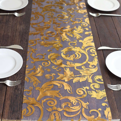 Sheer Organza Table Runner Roll 12"x108" Metallic Gold Foil Floral Swirl Design - Stylish Disposable Event Decoration