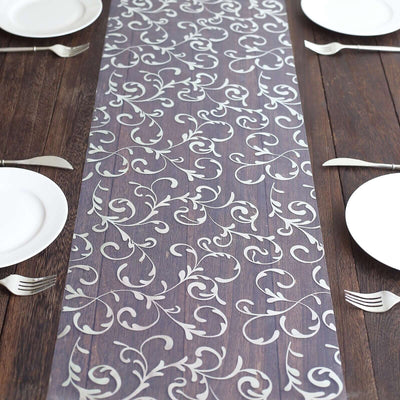 Sheer Organza Table Runner Roll 12"x108" Metallic Silver Foil Embossed Floral Design - Disposable Tale Decor